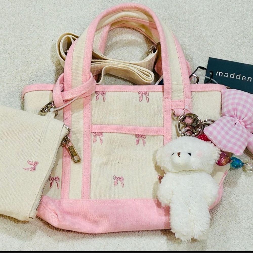 Steve Madden Pink and Cream Bow Tote Bag with Teddy Bear Charm